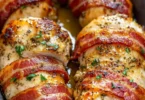 Bacon Wrapped Garlic Parmesan Chicken cooked to perfection with crispy bacon