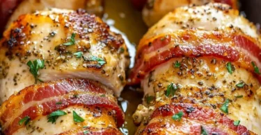 Bacon Wrapped Garlic Parmesan Chicken cooked to perfection with crispy bacon
