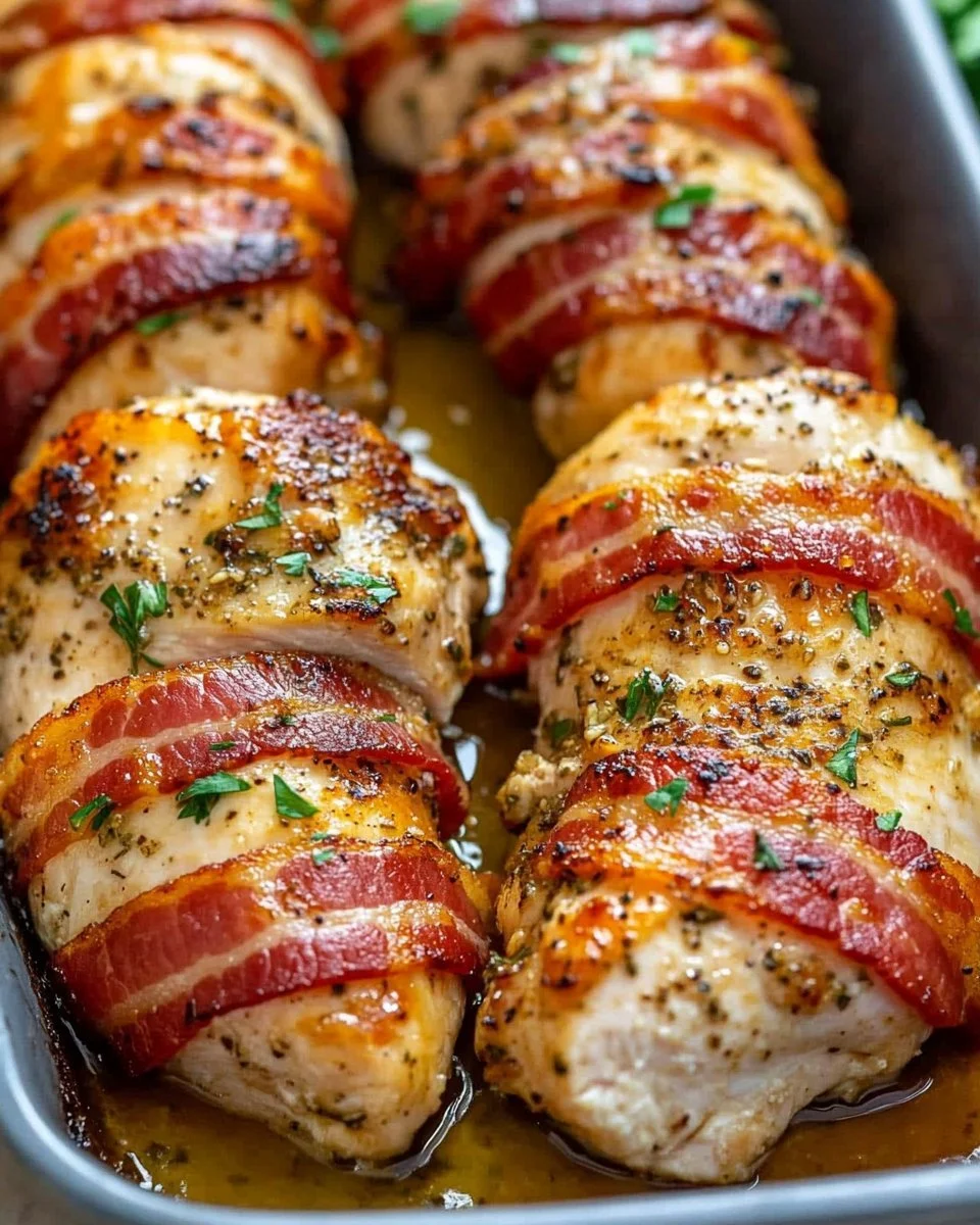 Bacon Wrapped Garlic Parmesan Chicken cooked to perfection with crispy bacon