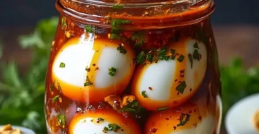Bloody Mary Pickled Eggs in a glass jar garnished with spices