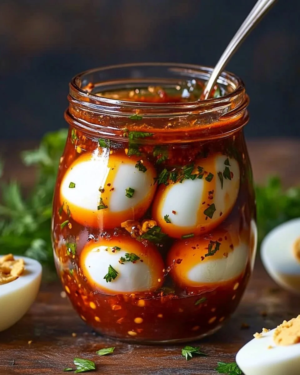 Bloody Mary Pickled Eggs in a glass jar garnished with spices