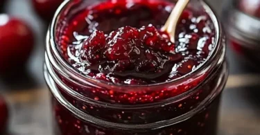 Cherry-Black Pepper Fire Jam in a jar, showcasing its rich, spicy flavor.