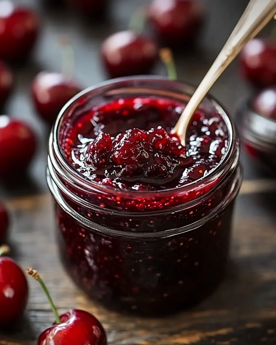 Cherry-Black Pepper Fire Jam in a jar, showcasing its rich, spicy flavor.