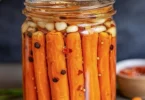Hot honey pickled carrots in a jar with vibrant colors and spices.
