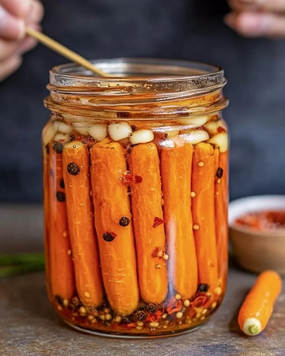 Hot honey pickled carrots in a jar with vibrant colors and spices.