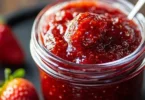 Sweet Heat Jalapeño Strawberry Jam jar with fresh strawberries and jalapeños