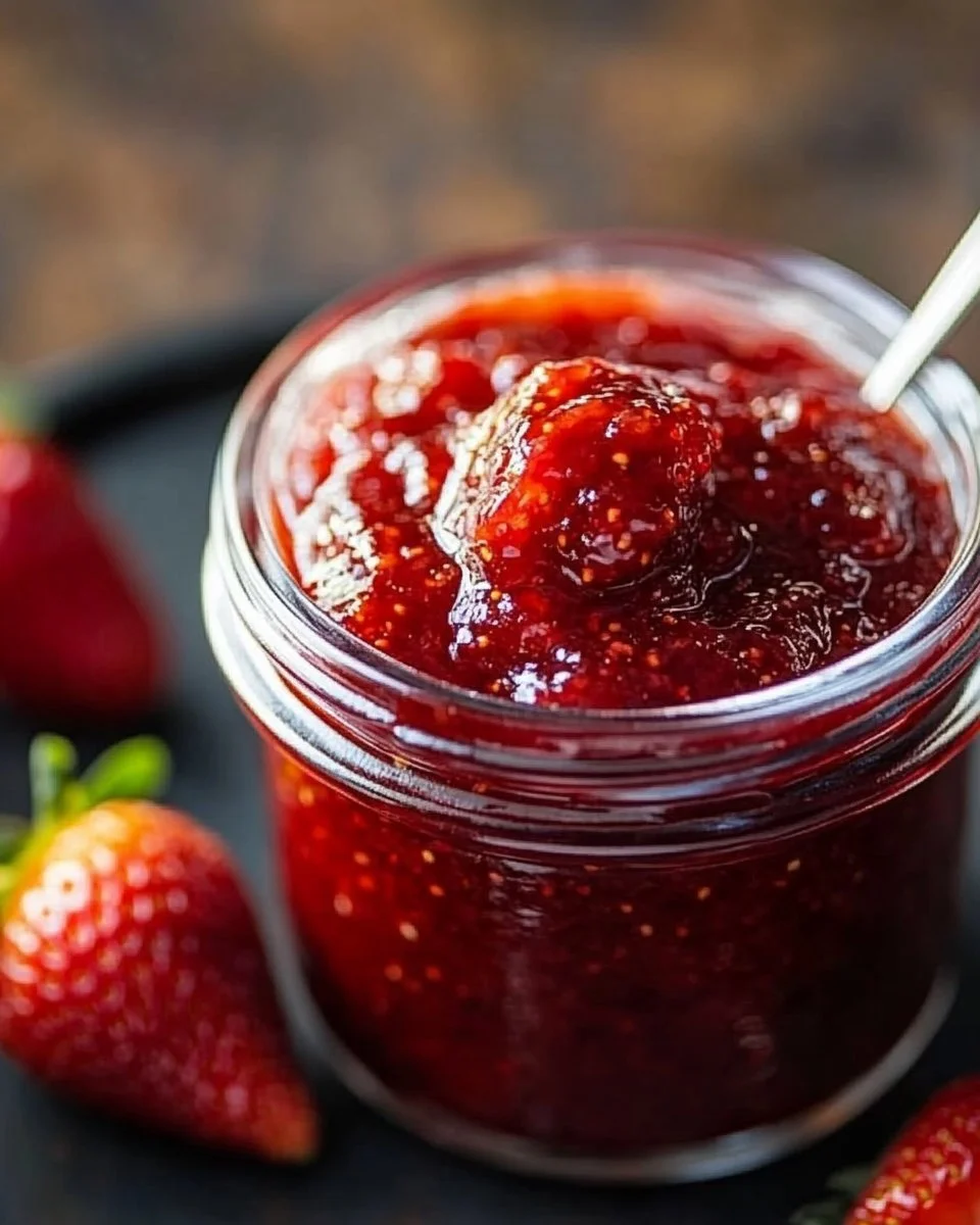 Sweet Heat Jalapeño Strawberry Jam jar with fresh strawberries and jalapeños